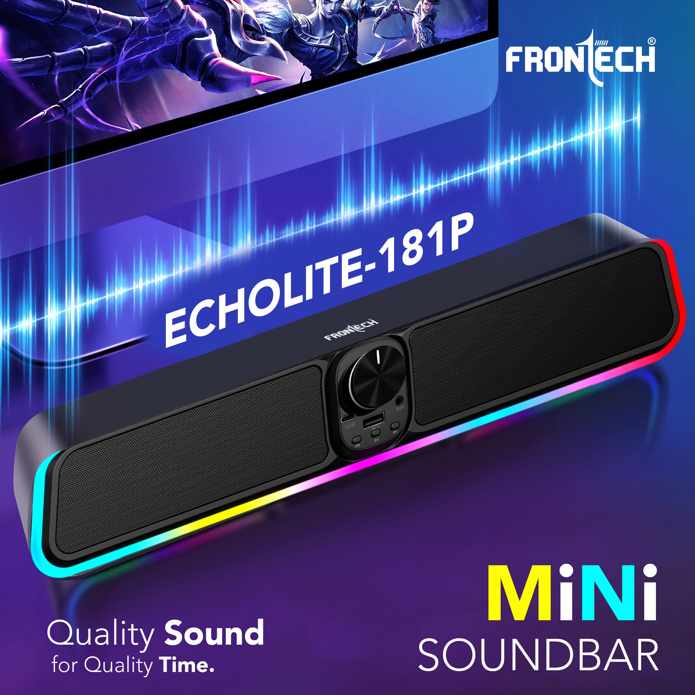 FRONTECH ECHOLITE Powerhouse 30W Mini Soundbar with RGB & Bluetooth 5.0 – Your All-in-One Audio Solution. (SW- 0181P) FRONTECH ECHOLITE Powerhouse 30W Mini Soundbar with RGB & Bluetooth 5.0 – Your All-in-One Audio Solution. (SW- 0181P)